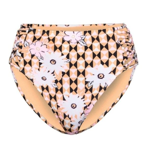 Bikini Swimsuit Bottom High Waist Black Pink Geo Floral Juniors's XL 15/17 LR114 - Picture 1 of 7